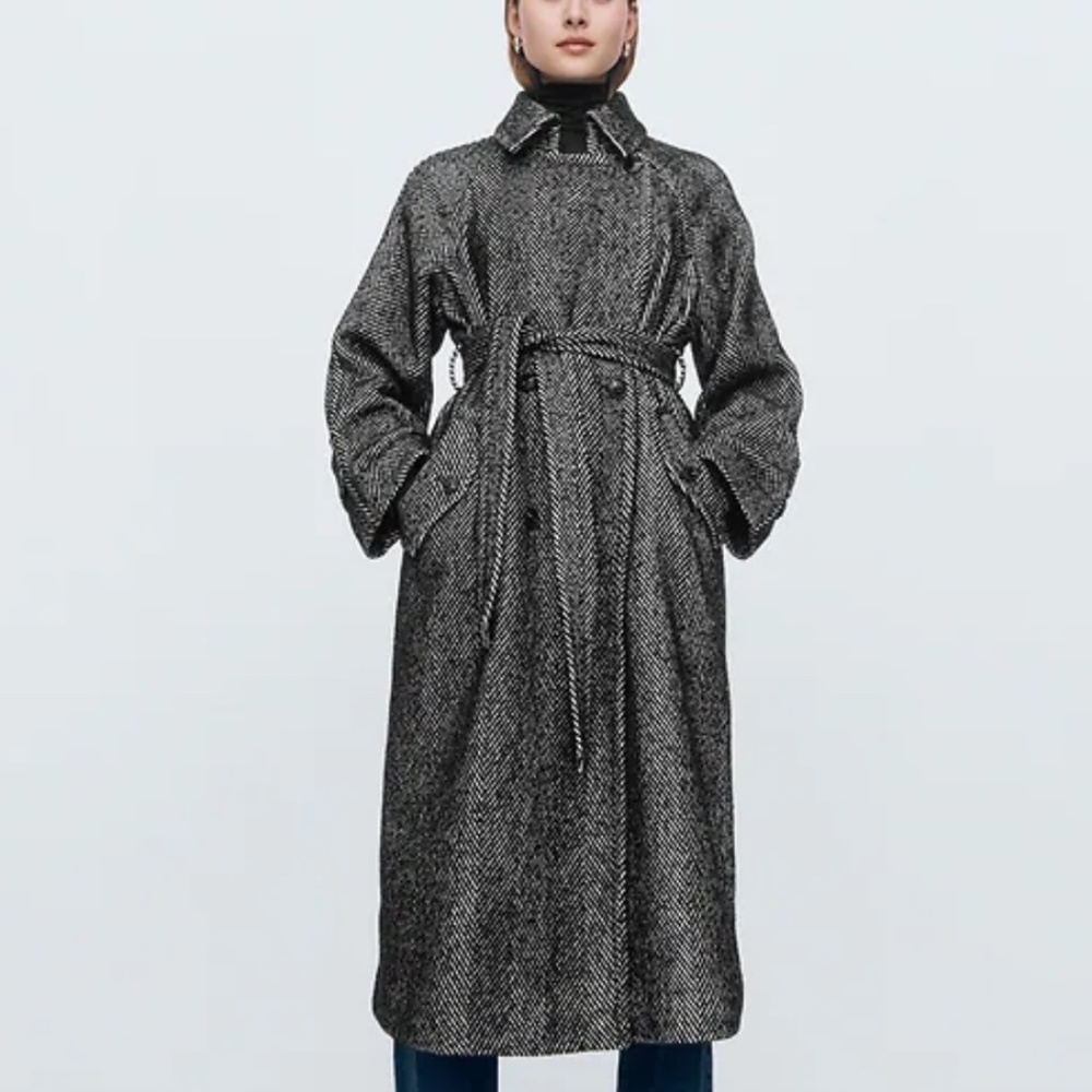 Double-Breasted Herringbone Belted Trench Coat